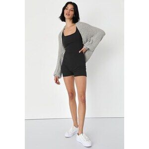 Lulus Ideal Trend Black Ribbed Knit Square Neck Lounge Romper - Size XS